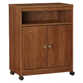 Two Door One Drawer Four Wheel Microwave Cart (Color: Brown)